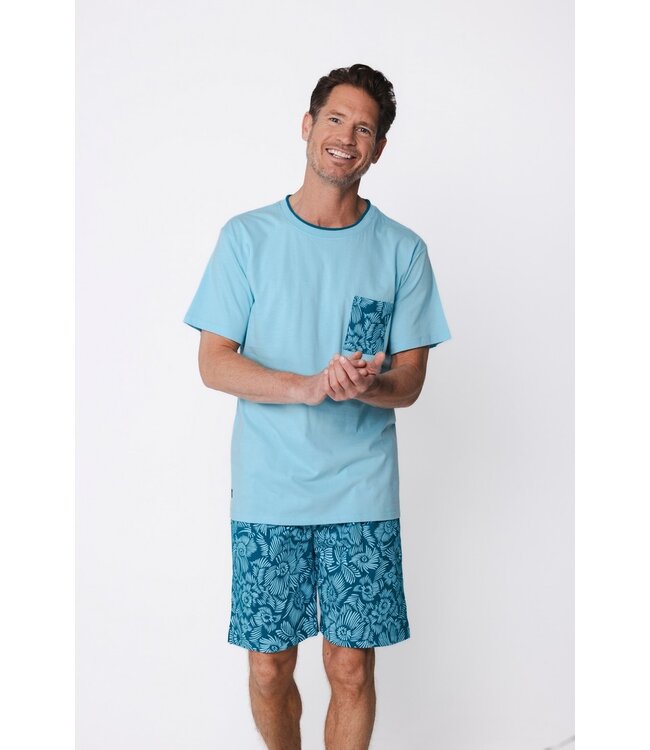 zeeblauwe katoenen heren shortama met ronde hals Hawaiian Holiday