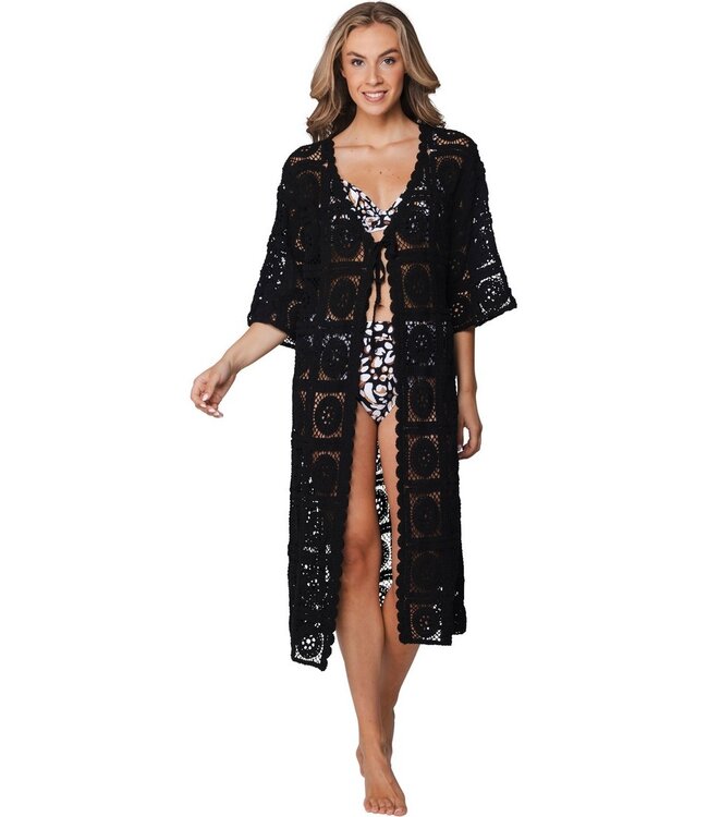 transparante, zwarte, katoenen cover-up met strik chic crochet
