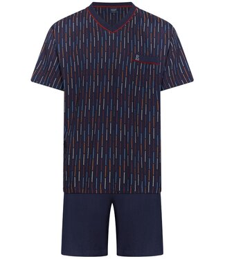 Robson blauw katoenen heren shortama met v-hals coloured lines