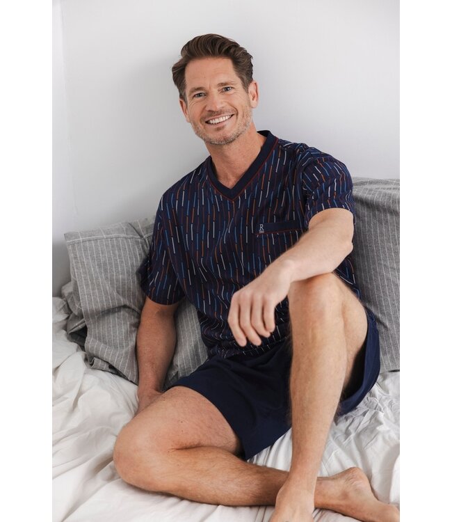 mens blue short sleeve v neck cotton shorty set coloured lines