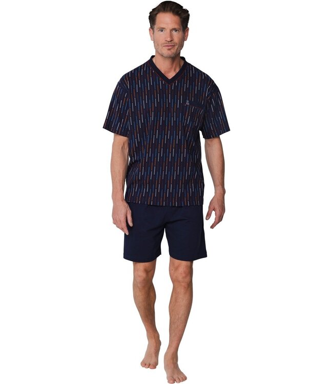 mens blue short sleeve v neck cotton shorty set coloured lines