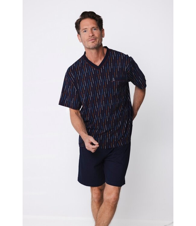 blauw katoenen heren shortama met v-hals coloured lines