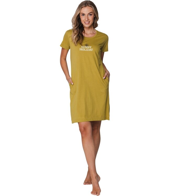 jadegroen katoenen dames nachthemd korte mouw en zakken dotty sunflower