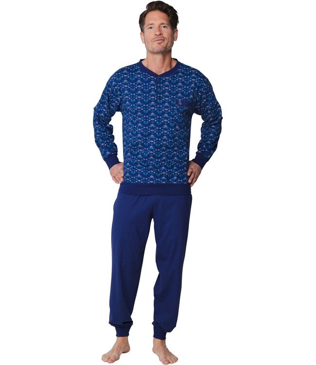 dark blue cotton cuffed pyjama set with buttons geometrical triangles
