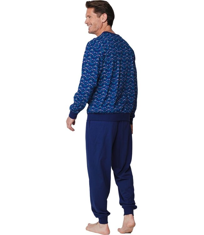 dark blue cotton cuffed pyjama set with buttons geometrical triangles