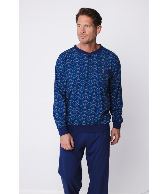 dark blue cotton cuffed pyjama set with buttons geometrical triangles