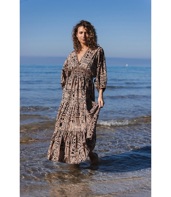 extra lange, bruine, strandjurk met 3/4 mouwen bohemian beach