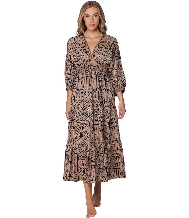 extra lange, bruine, strandjurk met 3/4 mouwen bohemian beach