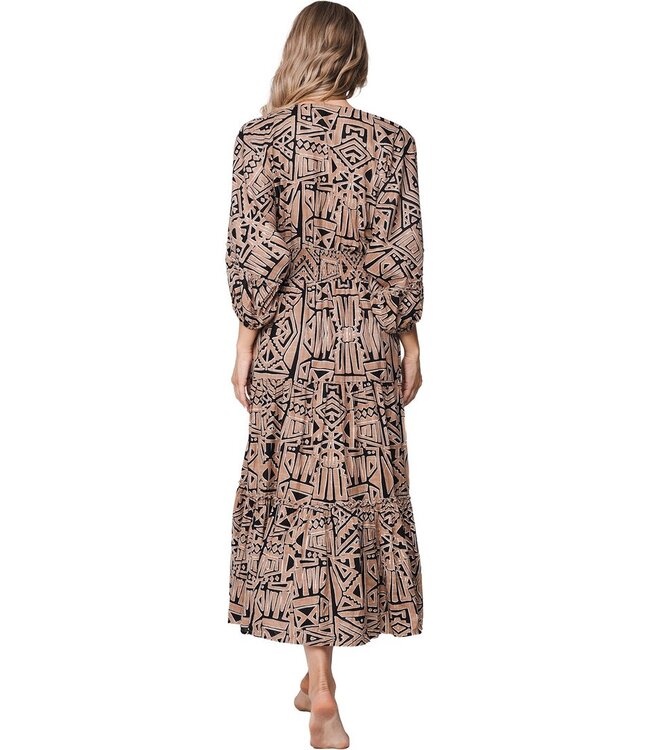 extra lange, bruine, strandjurk met 3/4 mouwen bohemian beach