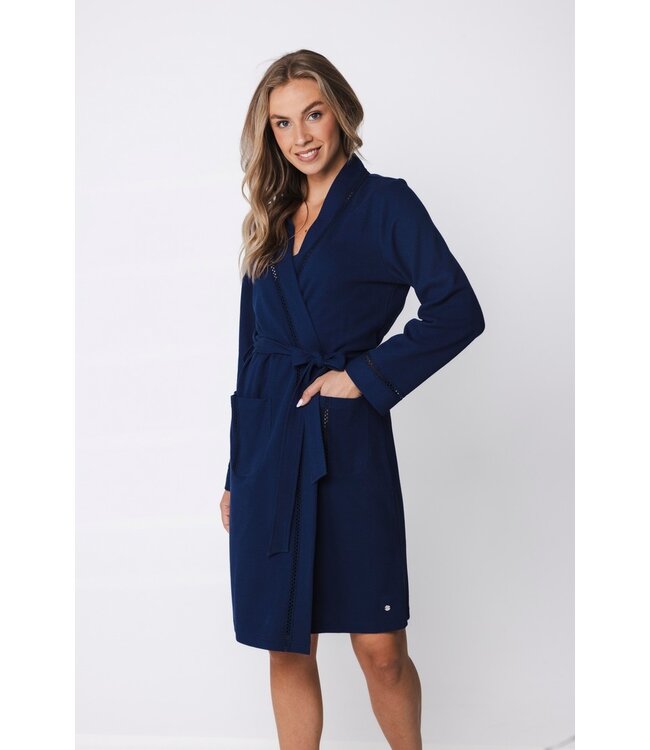 ladies micro-waffle cotton-mix kimono style robe summer marine blue