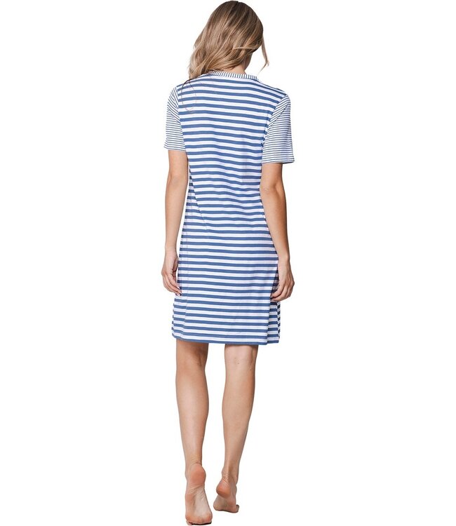 ladies blue cotton nightdress with buttons stripey marine blue