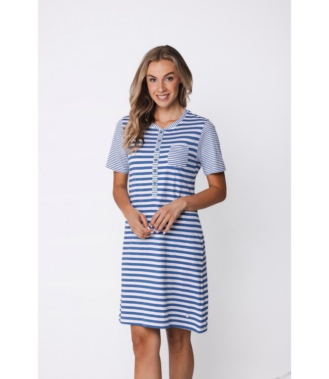 ladies blue cotton nightdress with buttons stripey marine blue
