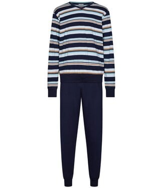 Pastunette for Men men's dark blue 'v' neck cotton pyjama set with cuffs groovy stripes