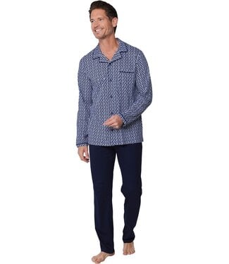 Pastunette for Men men's blue long sleeve full button cotton pyjama set chain link