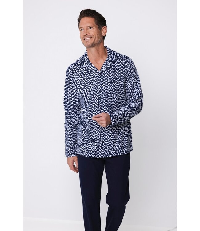 blauwe katoenen heren doorknoop pyjama met lange mouwen Chain Link