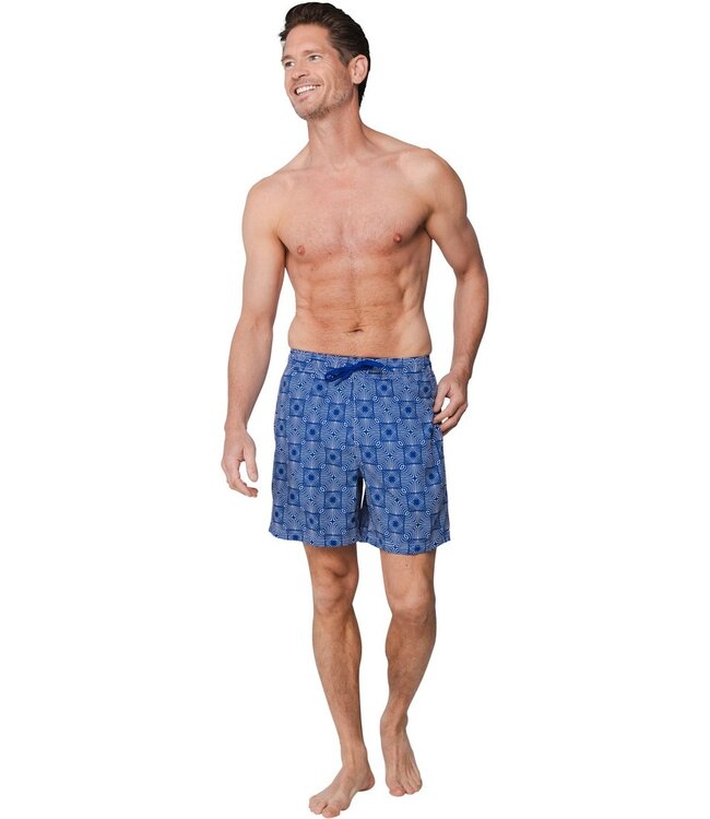 trendy blue swim shorts with elasticated tie-waist funky squares