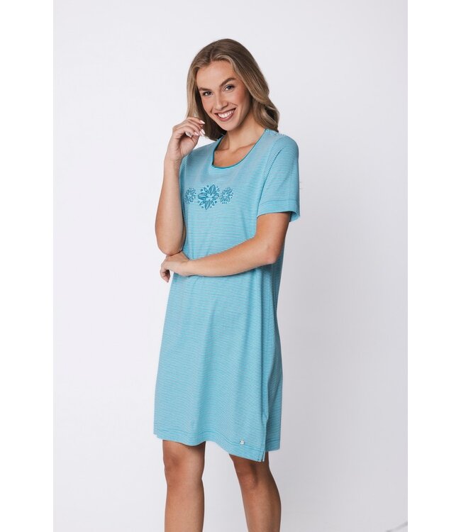 blauw gestreept katoenen dames nachthemd korte mouw Bold Blue Flower