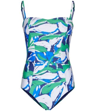 Pastunette Beach dark blue soft cup v neck powernet floral bandeau swimsuit aqua bloom