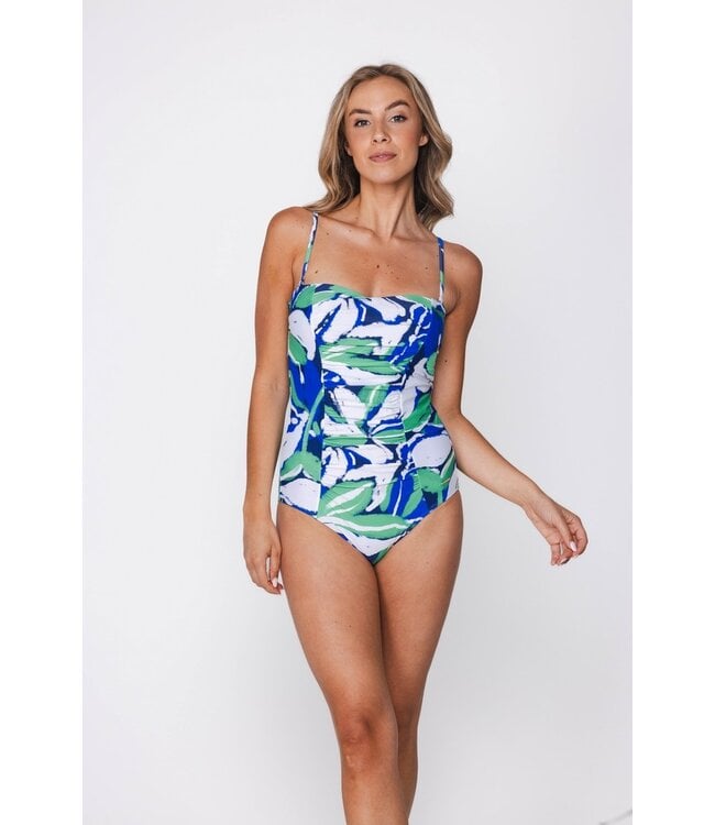 dark blue soft cup v neck powernet floral bandeau swimsuit aqua bloom