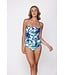 Donkerblauw bandeau badpak met soft cups en powernet Aqua Bloom