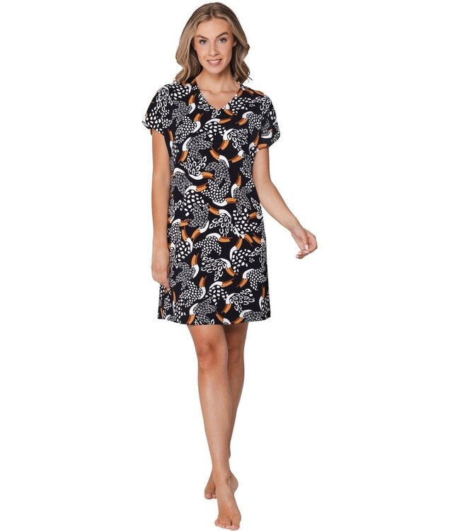 ladies black short sleeve v neck bird print beachdress paradise bird