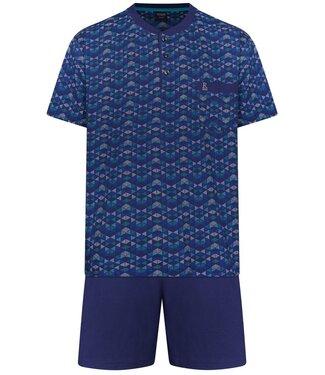 Robson men's dark blue cotton shorty set with buttons geometrical triangles