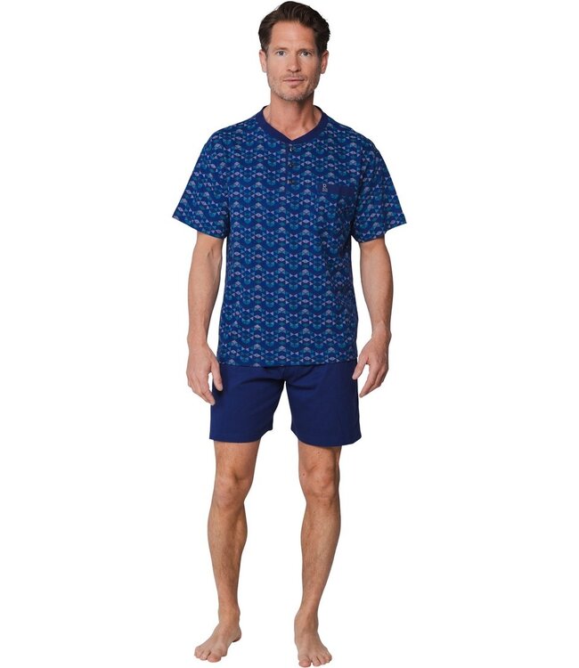 men's dark blue cotton shorty set with buttons geometrical triangles