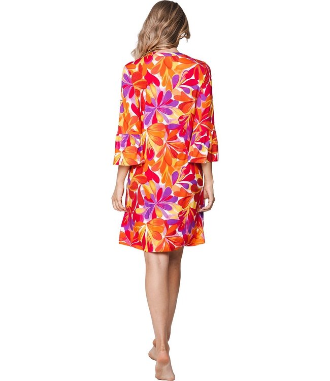 trendy floral beachdress with buttons and flared cuff coral beach