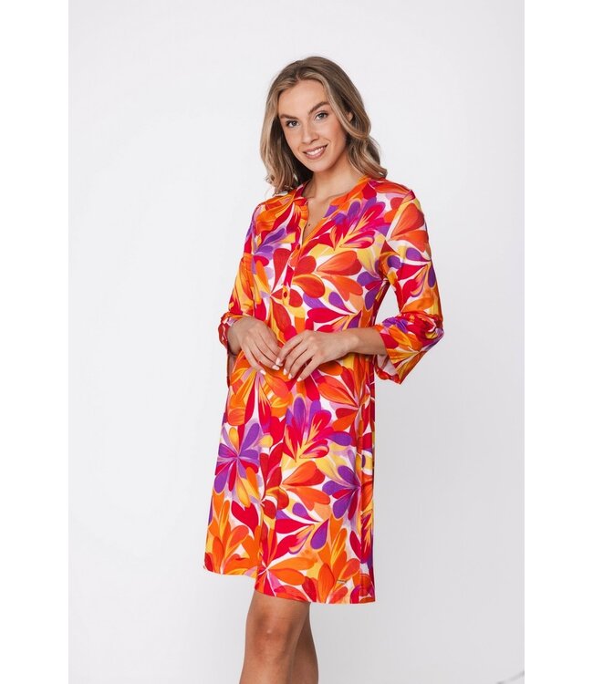 trendy floral beachdress with buttons and flared cuff coral beach