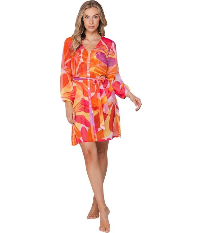 full button 3/4 sleeve see-through beach dress with belt coral beach