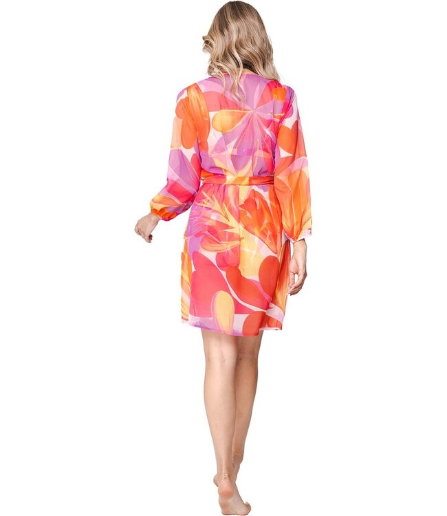 full button 3/4 sleeve see-through beach dress with belt coral beach