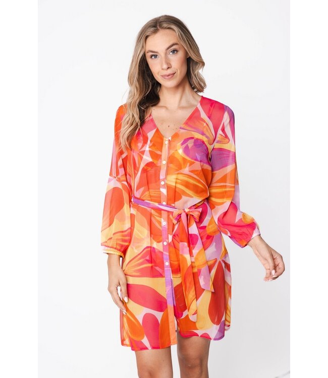 full button 3/4 sleeve see-through beach dress with belt coral beach