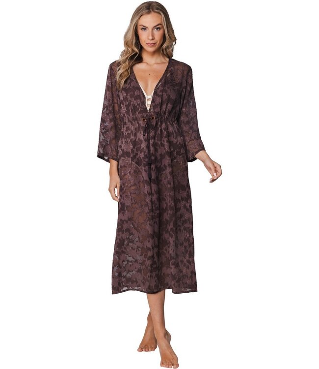 extra long see-through cover up with elasticated-tie floral beach