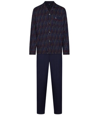 Robson dark blue long sleeve full button cotton pyjama set coloured lines