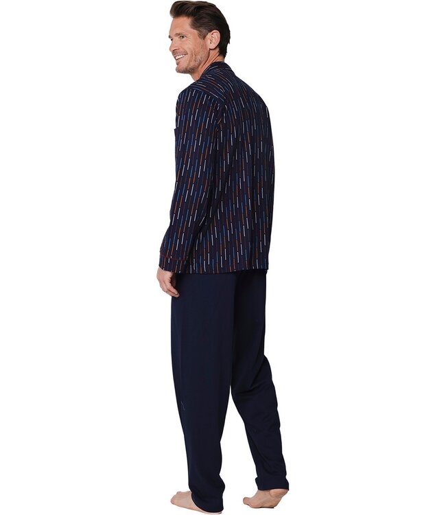dark blue long sleeve full button cotton pyjama set coloured lines