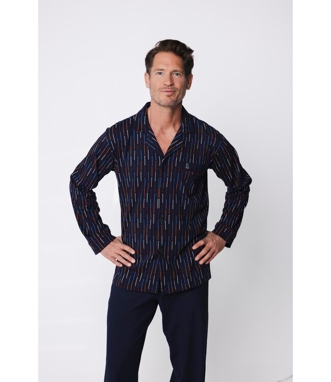 dark blue long sleeve full button cotton pyjama set coloured lines