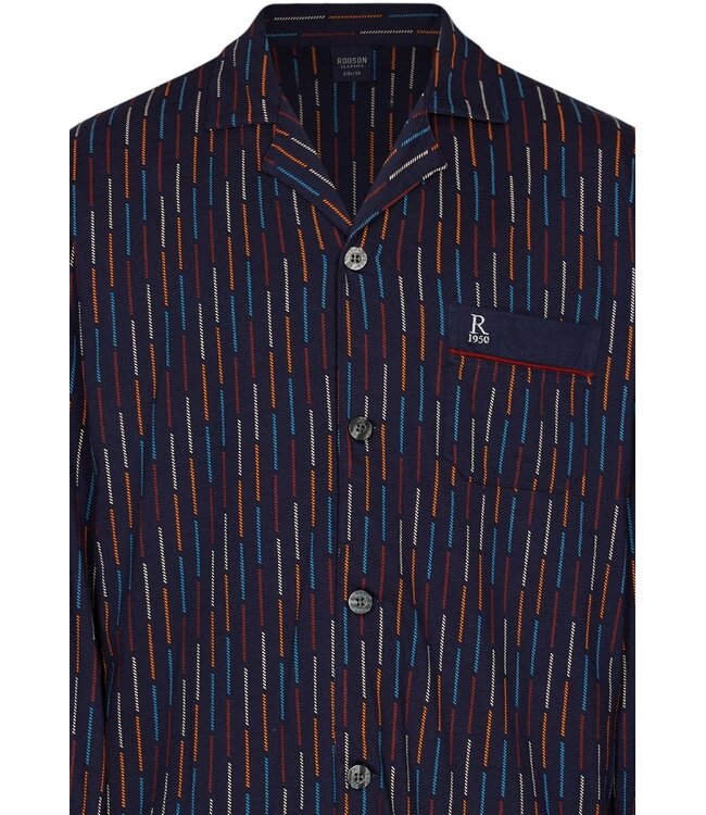 dark blue long sleeve full button cotton pyjama set coloured lines