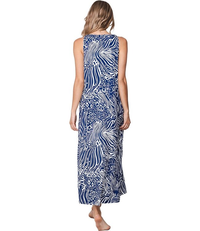 Blauwe mouwloze dames strandjurk met langere lengte Ocean Wave