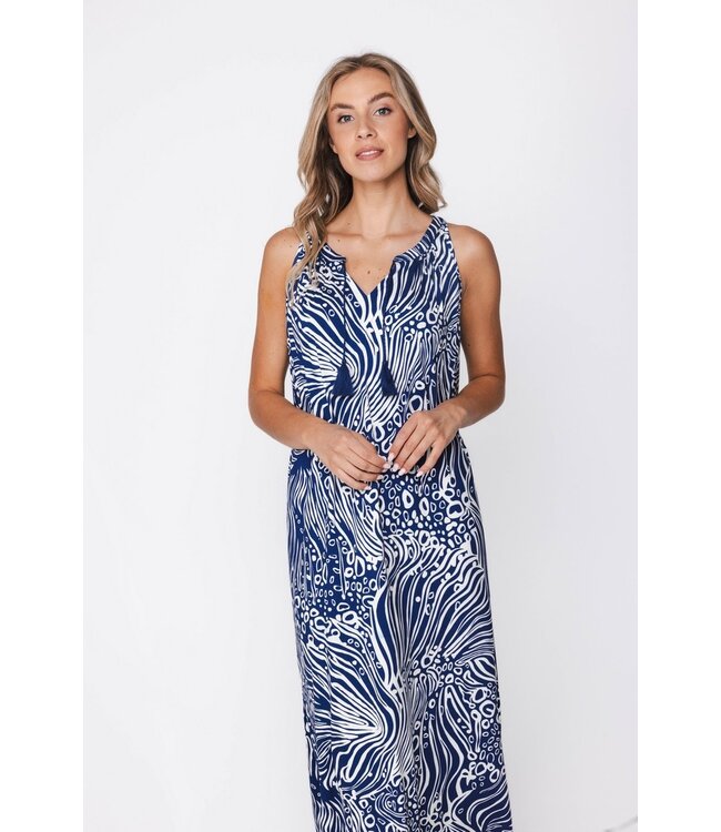 blue longer length sleeveless beachdress ocean wave