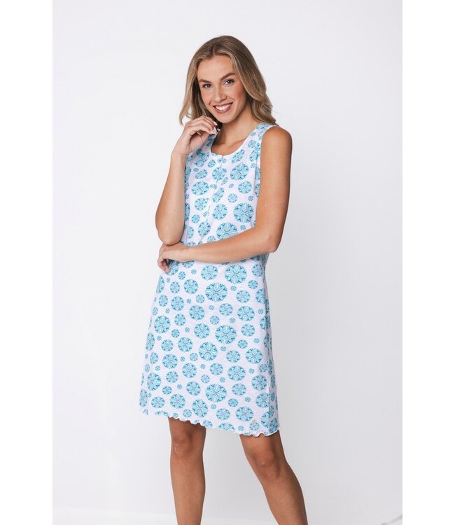 sleeveless organic cotton nightdress with 5 buttons bold blue flower