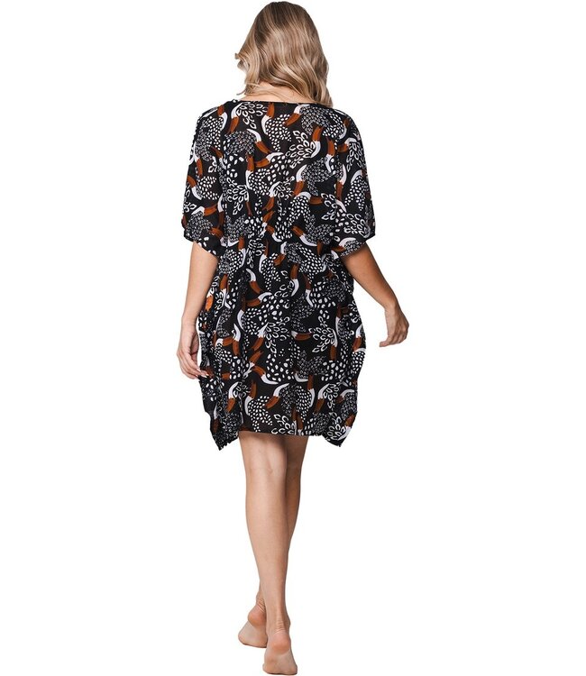 zwarte, licht katoenen, strand cover-up met vogelprint paradise bird