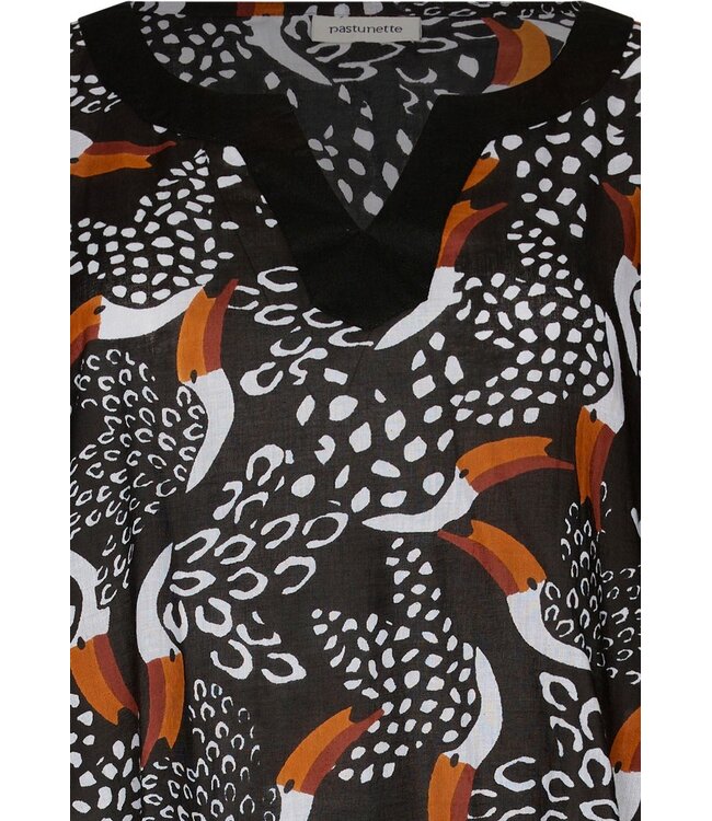 zwarte, licht katoenen, strand cover-up met vogelprint paradise bird