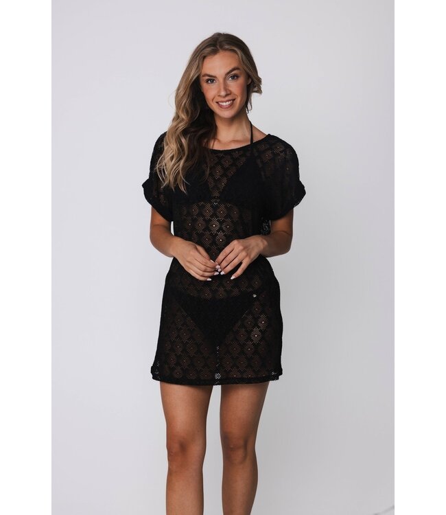 trendy zwart see through v-hals strand cover up lacy beach