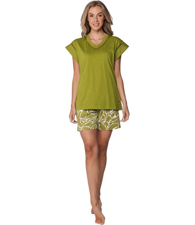katoen-modal dames shortama met korte mouwen Pretty Green Flower
