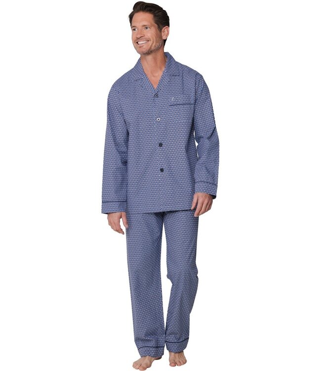 blauwe geweven-katoenen doorknoop heren pyjama geometric diamond