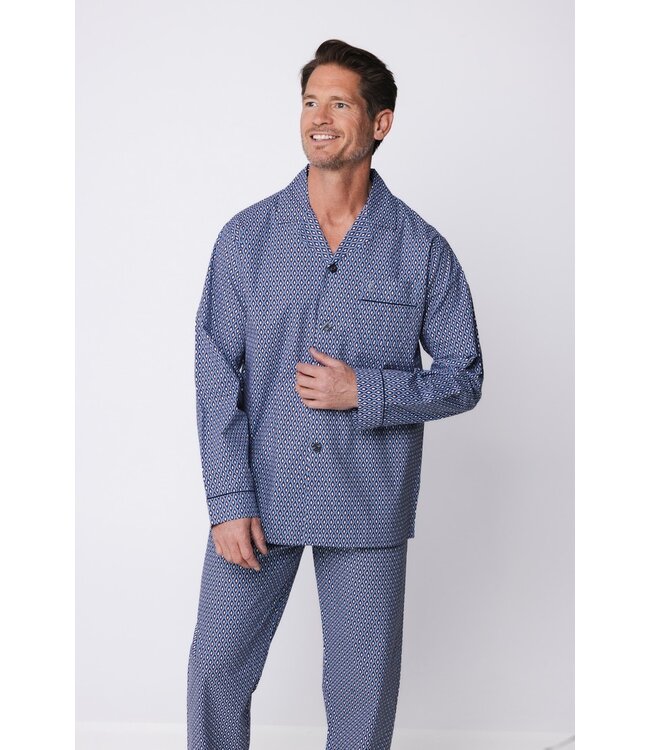 mens blue full button woven cotton pyjama set geometric diamond