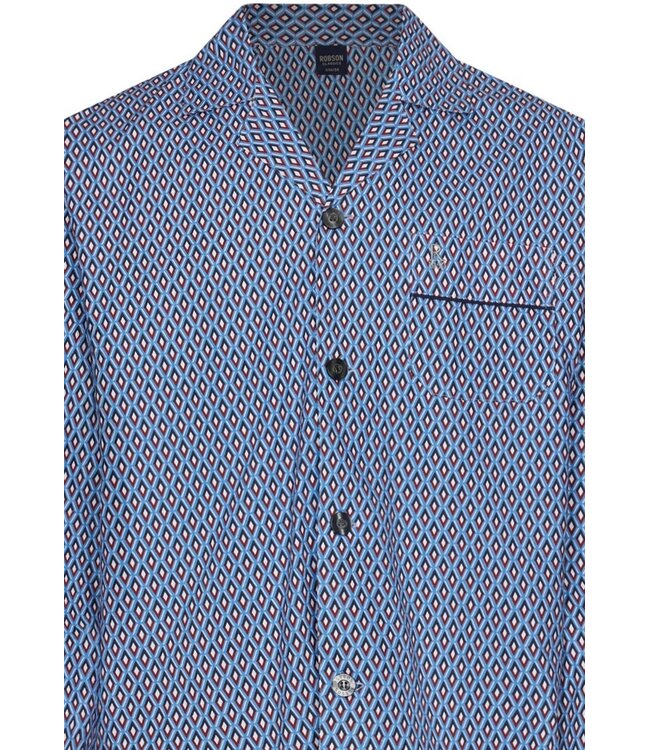 blauwe geweven-katoenen doorknoop heren pyjama geometric diamond