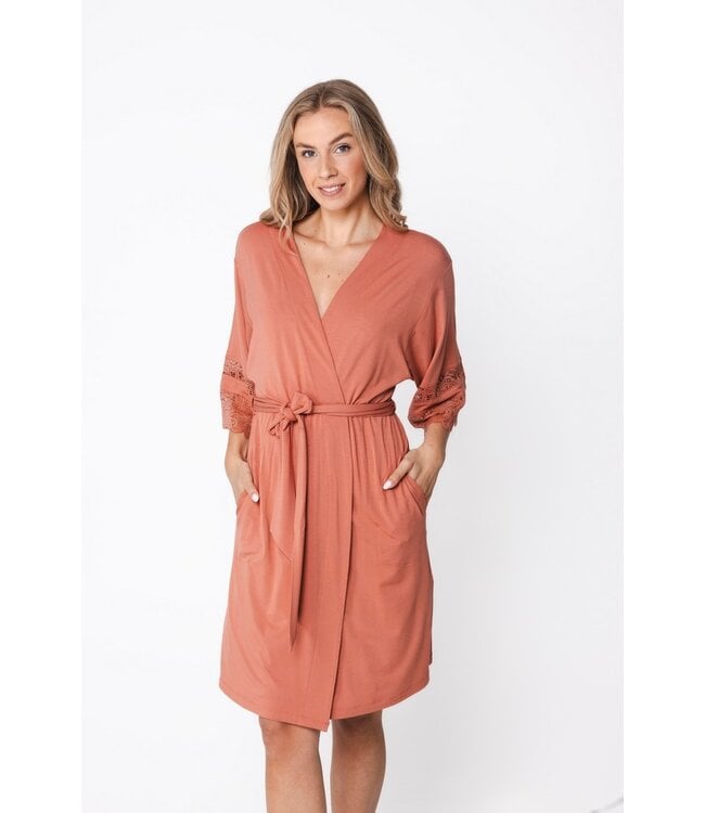 luxe oranje-bruin modal dames overslag kimono Floral Elegance