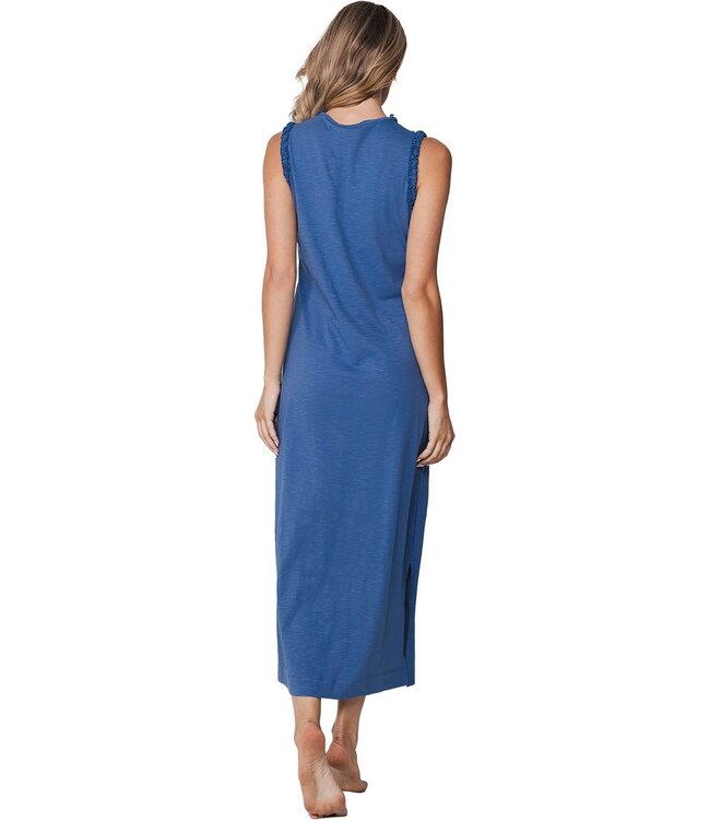 ladies organic cotton sleeveless long nightdress blue comfort frill