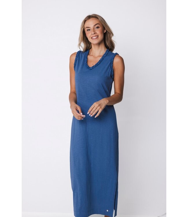 ladies organic cotton sleeveless long nightdress blue comfort frill